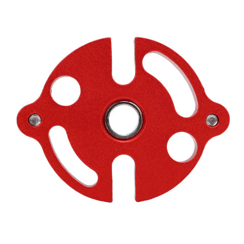 Self Centering Dowel Jig Kit With Solid Anodized Aluminum Block And Three Stainless Steel Bushings showing red aluminum jig plate.