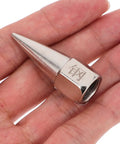 Close-up of a steel nozzle from Five-Piece Steel Grease Nozzle Replacement Tips Kit For Equipment And Machinery on a hand.