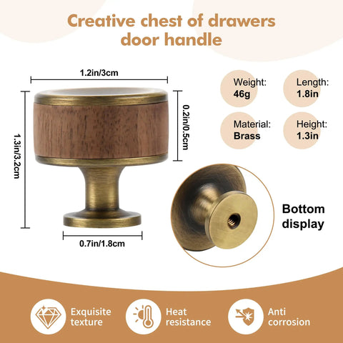 Dope Walnut Wood And Antique Brass Cabinet Knobs Set 5 Pack, 1.2 inch diameter, 1.3 inch height, brass material, bottom view shown.