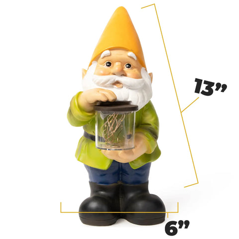 Totally Adorable Jar Garden Gnome With Solar Light Outdoor Decor For Garden Patio And Lawn 13" resin gnome with yellow hat
