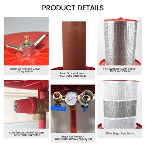 Water-Powered Fruit Wine Press For Home Cider And Natural Juice Making, Electricity-Free Hydraulic Press With 10.7 Gallon Capacity, Includes Filter Bag And Splash Guard, Awesome For Easy DIY Wine, Cider, And Fresh Juice. Product details view with brass valve, 304 stainless basket, and filter bag