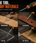 Premium Four Inch Scratch Awl Built Tough As Nails For Leather Work And Woodshop Crafts Features Slick Hardened Steel Point in use on wood and leather.