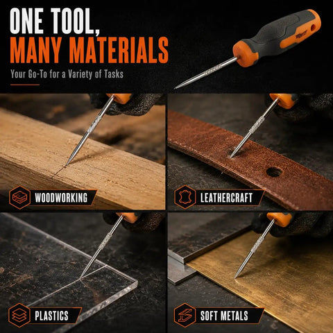 Premium Four Inch Scratch Awl Built Tough As Nails For Leather Work And Woodshop Crafts Features Slick Hardened Steel Point in use on wood and leather.