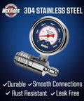 McKillans stainless steel pressure gauge with 3/8 in push-to-connect fitting; reads PSI/MPa