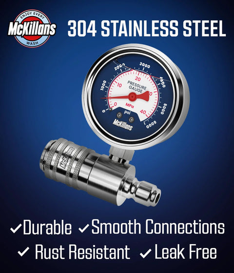 McKillans stainless steel pressure gauge with 3/8 in push-to-connect fitting; reads PSI/MPa