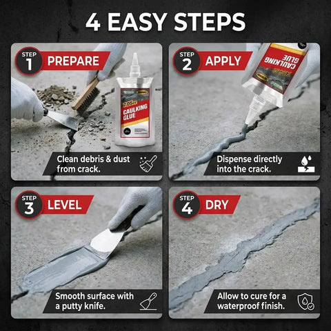 4 steps guide for using Heavy Duty Concrete Crack Filler And Retaining Wall Joint Compound With Base Seal Plus Masonry Fissure Mastic.