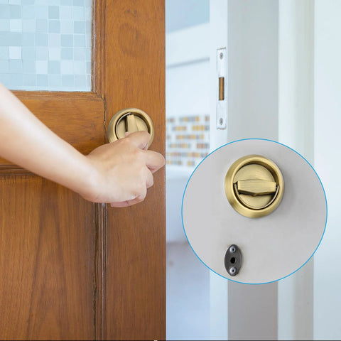 Recessed Round Flush Door Handles Set 2 Pieces Stainless Steel Hidden Embedded Pulls for Doors installed on a wooden door