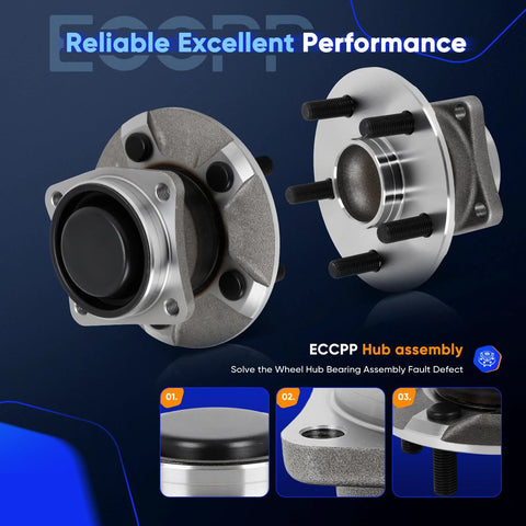 Rear Wheel Hub Bearing Assembly 5 Lug Drop In Replacement For Pontiac Vibe 2003-2008, Toyota Celica 2000-2005, Corolla 2003-2008, Matrix 2003-2008 Without ABS, Durable Hub Unit, product photo showing front and side view, demonstrating lug design and durable construction.