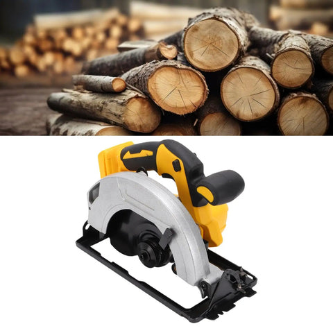 Heavy Duty Cordless Circular Saw With 5300 RPM Brushless Motor And Seven Quarter Inch Blade next to stacked logs for wood cutting.