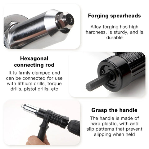 Pop Rivet Gun Adapter Kit for Cordless Drill showing forging spearheads, hexagonal connecting rod, and plastic handle