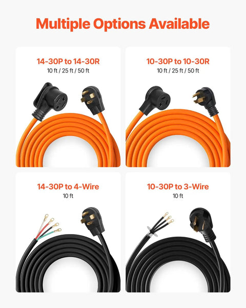 Multiple options for heavy duty dryer extension cords, including 10ft lengths with various plug types and colors.