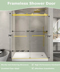 Frameless Shower Door with dimensions 76 inch height, adjustable 54 to 60 inch width in brushed gold finish.