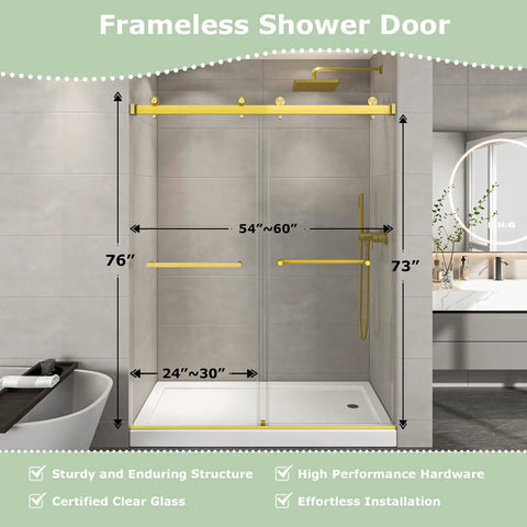 Frameless Shower Door with dimensions 76 inch height, adjustable 54 to 60 inch width in brushed gold finish.