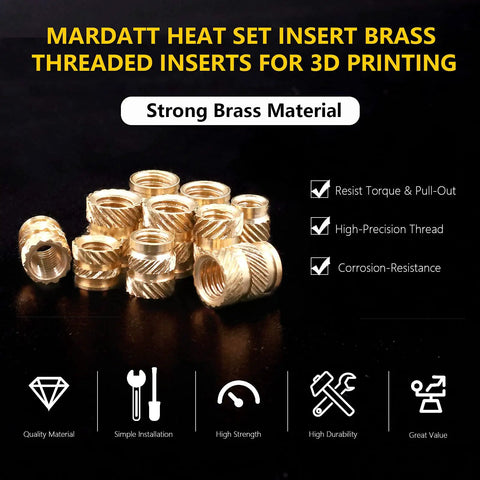 Brass Threaded Inserts Kit With Knurled Heat Set Inserts 300 Piece 15 Size Assortment From M2 To M6 For 3D Printing And Plastic Projects Sturdy Case Included visible brand logo and features icons