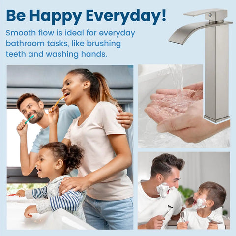 Tall Vessel Sink Faucet With Waterfall Flow, Single Hole, Single Handle Mixer Tap For Bathroom Vanity, Brushed Nickel