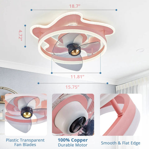 Pink Cartoon Cute Flush Mount Ceiling Fan With Dimmable Lights For Kids Room, Low Profile Design, 6 Speeds, Quiet Oscillating Blades, Remote And App Control