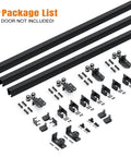 10 Foot Exterior Sliding Barn Door Hardware Kit Box Rail Track 450 Pound Capacity Black Weather Resistant Steel Wall Mount System For Outdoor Use Fits Double 30 Inch Doors components laid out