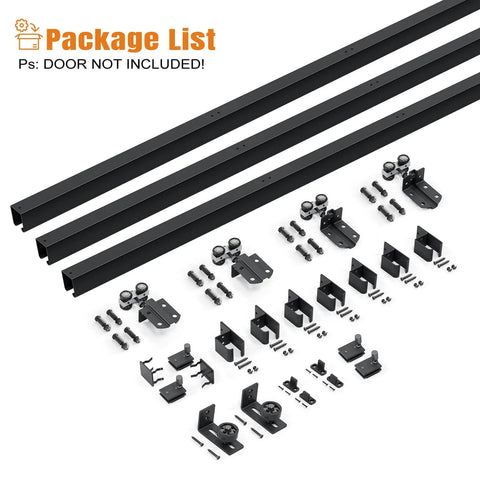 10 Foot Exterior Sliding Barn Door Hardware Kit Box Rail Track 450 Pound Capacity Black Weather Resistant Steel Wall Mount System For Outdoor Use Fits Double 30 Inch Doors components laid out