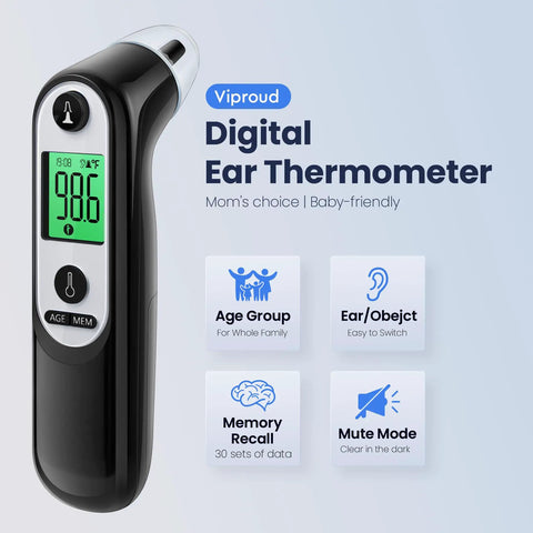 Fast And Accurate Digital Ear Thermometer For Babies, Kids, And Adults With Three Age Modes, Ultra Quick Readings In Under One Second, Safe, Hygienic, And Easy To Use At Home black ear thermometer with green display