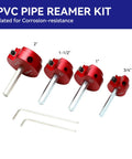 Four Size PVC Pipe Reamer Tool Kit with four red reamers and hex wrenches for Schedule 40 Plastic Pipes 3/4, 1, 1-1/2, 2 inch sizes