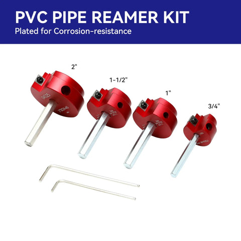 Four Size PVC Pipe Reamer Tool Kit with four red reamers and hex wrenches for Schedule 40 Plastic Pipes 3/4, 1, 1-1/2, 2 inch sizes