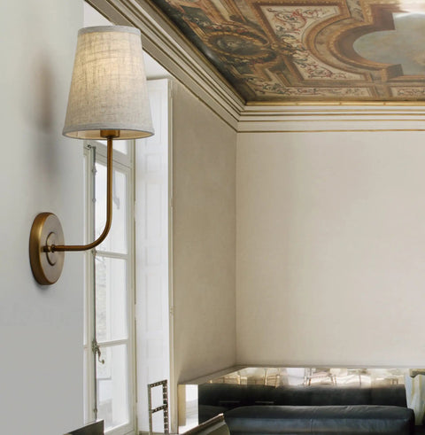 Rustic Wall Sconce With Flared Linen Shade Vertical Mount Bedside Light For Bedroom And Reading Room Antique Style Lamp