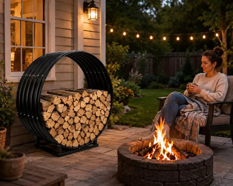 32 Inch Firewood Hoop Rack With Rustproof Cover beside patio fire pit, heavy-duty wood storage stand holds 500 lbs, outdoor scene