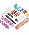 Premium TIG Welding Torch Kit With Gas Lens Type 10 Glass Ceramic Cup And Copper Accessories Designed For WP17 WP18 WP26 Argon Arc Guns components laid out including ceramic cups and copper parts.