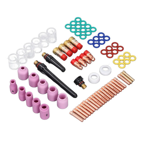 Premium TIG Welding Torch Kit With Gas Lens Type 10 Glass Ceramic Cup And Copper Accessories Designed For WP17 WP18 WP26 Argon Arc Guns components laid out including ceramic cups and copper parts.