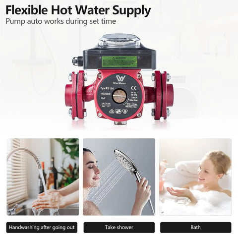 Plug And Play 115V Hot Water Recirculating Pump With Timer 115W Workhorse Delivers Mean Flow At 12.68 Gpm For Boiler And Solar Heater Systems visible in close-up with highlighted features.