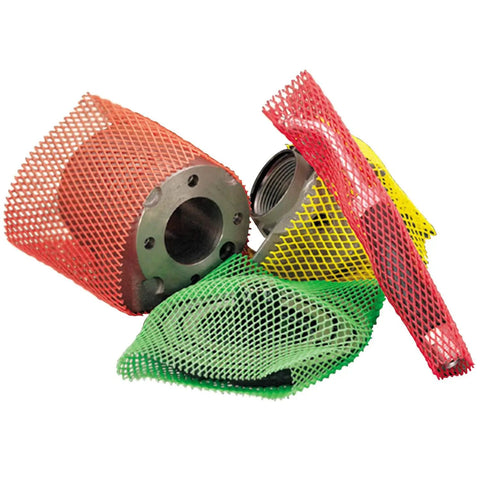 MINICOIL SW Series Standard Duty Sleeve Web Netting in red, yellow and green colors for scratch protection on metal parts