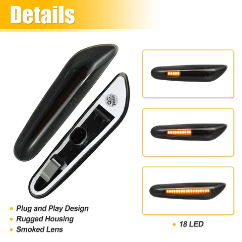 Full LED Side Turn Signals for BMW 1 3 5 Series E36 E46 E60 E87 E90 E92 X1 X3 Amber Fender Side Marker Lights Front Flowing LED Lamps 2 Pack