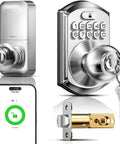 Satin Nickel Smart Keypad Door Lock With Handle Dropping No Sweat Keyless Entry Security To Your Front Door With Smooth App Control, featuring keypad and key.