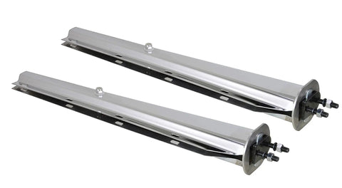 Slick Chrome Straight Spring Loaded Mud Flap Hanger With Two Point Five Bolt Spacing And Thirty Inch Length featuring two shiny chrome brackets.