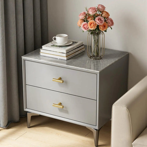 Gray bedside table with 30 Pack Single Hole Cabinet Knobs In Brushed Gold Finish For DIYers In The Kitchen, vase with flowers on top