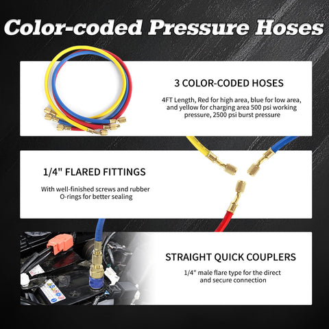 4.5 CFM Vacuum Pump With Brass Manifold Gauge Set, 4ft Three Color Hoses And 2 Quick Couplers for refrigerants