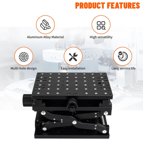 Pro Grade XZ Axis Manual Stage With 50 X 120mm Stroke, black anodized, multi-hole design, in a lab setting showcasing features.