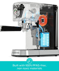 Side view of PFAS Free Espresso Machine With Steam Wand And 20 Bar Pressure, Stainless Steel Coffee Maker showing internal components.