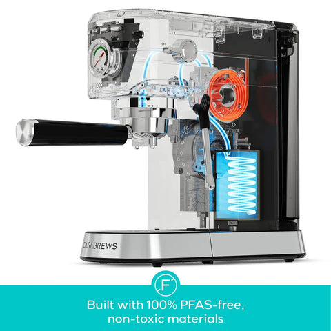Side view of PFAS Free Espresso Machine With Steam Wand And 20 Bar Pressure, Stainless Steel Coffee Maker showing internal components.