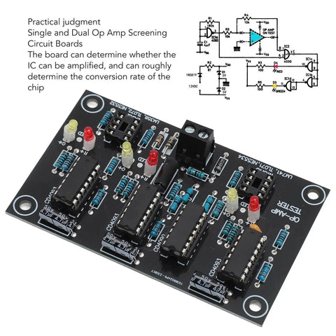 Pro Grade Op Amp Testing Module for Single and Dual Op Amp Boards, top view, circuit components, compatible with LM741, NE5532
