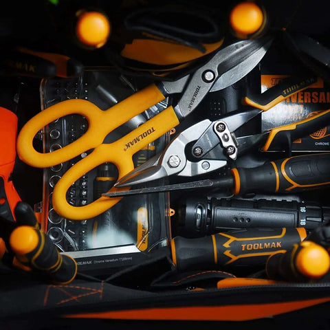 Tin Snips 10 Inch Straight Pattern Tinners Snips with Comfort Grip for heavy-duty metal cutting, shown in a toolbag.