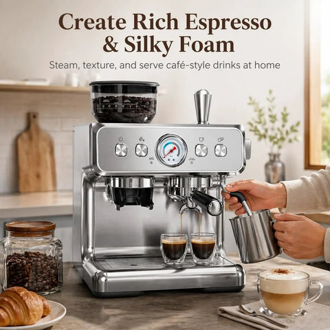 All In One Espresso Machine With Built In Grinder, 20 Bar Pressure, 58mm Commercial Portafilter, Milk Frother, Stainless Steel 2026 Upgrade