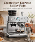 Game Changing Espresso Machine With Built In Grinder And 20 Bar Pressure, Hassle Free Milk Frother For Rich Cappuccinos, Stainless Steel Home Brewer That Truly Slaps And Saves Space brewing espresso with milk frother.