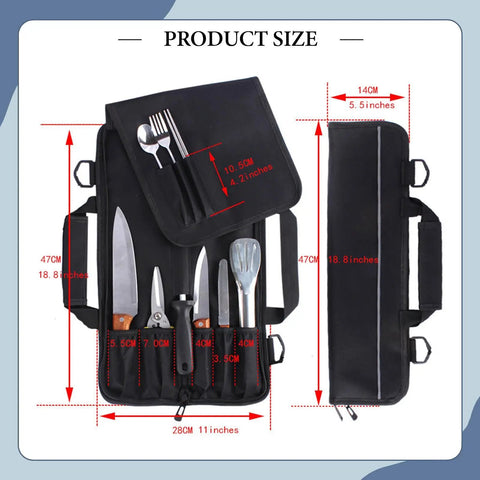 Open Foldable Knife Roll Storage Bag For Chefs And Home Cooks with utensils, knife holder, black Oxford cloth case, 18.8x11 inches.