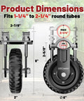 Heavy Duty Beefy Six Inch Gate Wheel Caster For Metal Tube Gates From One And A Quarter Inch To Two And A Quarter Inch Outer Diameter 440 Lbs Capacity Anti Slip Tire Grade Rubber Galvanized Finish For Swing Gates And Fence Support On Farm product dimensions illustration with measurements for fitting round tubes.