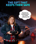 Person holding Cordless Tire Inflator With Dual Cylinders And An Eight Point Three Inch Screen Portable Air Compressor, with icy road scene