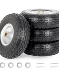 Pack of 4 10 Inch Flat Free Tire And Wheel Set 4.10/3.50-4 With 5/8 Inch Axle Bore And 2.2 Inch Offset Hub shown with washers and pins.