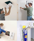 Four users installing No Sweat Spring Fit Access Panel Covers Dreamy 8x8 Inch Drywall Cuts for plumbing and electrical access.