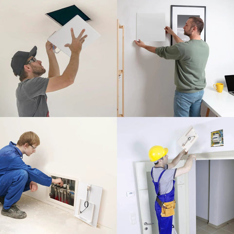 Four users installing No Sweat Spring Fit Access Panel Covers Dreamy 8x8 Inch Drywall Cuts for plumbing and electrical access.