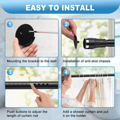 Heavy Duty Adjustable Tension Curtain Rod 42 To 115 Inches Black Shower Rod For Bathroom Closet And Window Install With Anti Slip Pads And Easy Twist Knob demonstration